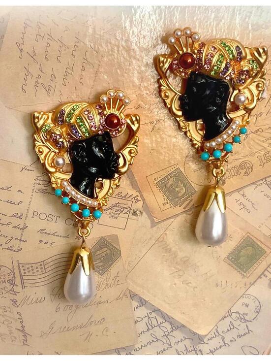 Jewelry - Regal Figural Queen Drop Earrings - Jeweled Headdress & Teardrop Pearl Statement